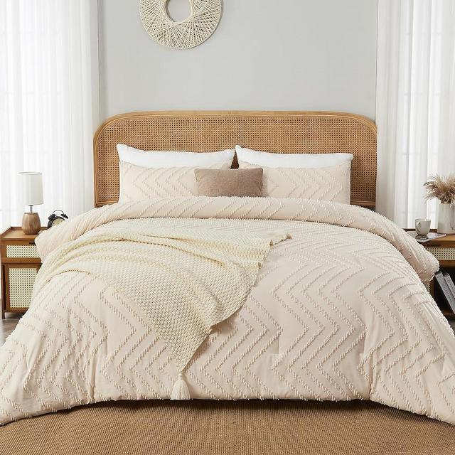 Andency King Size Comforter Set Beige, Boho Cream Soft Warm Tufted Neutral Bedding Comforter Sets for King Size Bed, 3 Pieces Aesthetic Chevron Farmhouse Cute Bohemian Textured Bedding Set
