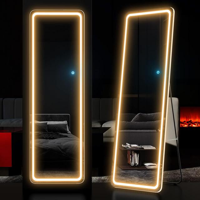 Full Length Mirror Lighted 63"x20", LED Free Standing Floor Mirror, Wall Mounted Hanging Mirror with Lights, Makeup Vanity Mirror, Bedroom Full Size Body Mirror with Dimming 3 Color Modes White