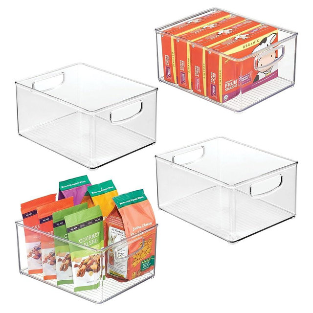 InterDesign iDesign Plastic Stackable Pantry Bin - Organizer Bin with Handles for Cabinets or Fridge - Set of 4 - Clear