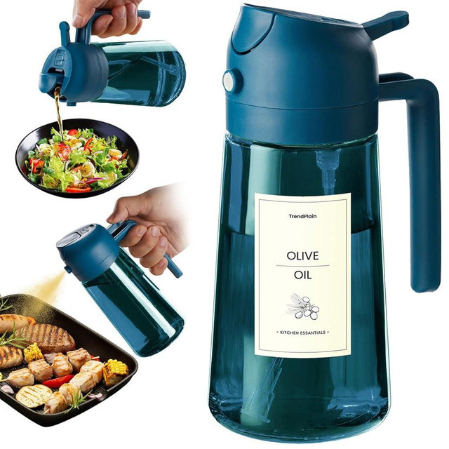 TrendPlain 16oz/470ml Blue Glass Olive Oil Sprayer for Cooking - 2 in 1 Olive Oil Dispenser for Kitchen Gadgets, Air Fryer, Salad, and BBQ - Navy