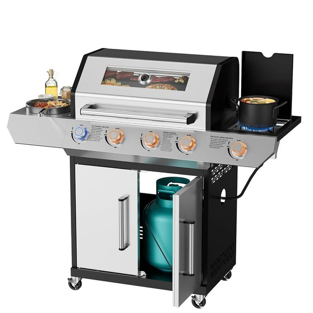 SKOK 4-Burner Led Gas BBQ Grill with Side Burner & Visual Glass, Barbecue Grill,60,000 BTU Stainless Steel Propane Grill 629 Sq. In. Grilling Area