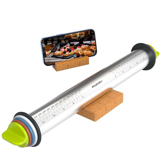 Aguegro Stainless Steel Rolling Pin with Thickness Rings and Wooden Stand Dough Thickness for Baking, Fondant, Pizza, Pie Crust, Cookies, Pastries, 13.6" with 4 Multi-Color Thickness Rings