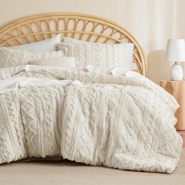 Bedsure Tufted Boho Comforter Set Queen - Beige Boho Bedding Comforter Set, 3 Pieces Farmhouse Shabby Chic Embroidery Bed Set, Soft Jacquard Comforter for All Seasons
