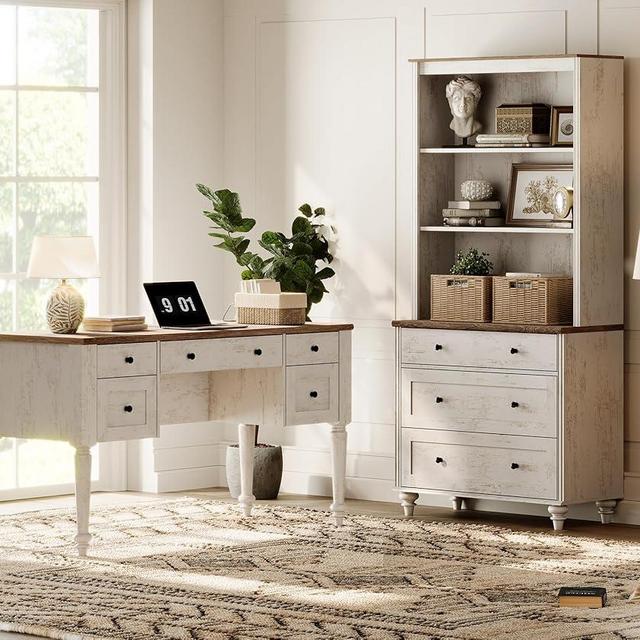 WAMPAT Home Office Furniture Set, 56" Executive Desk with Charging Station, 72" Tall Bookcase with 3 Drawers, Wood Computer Desk with File Cabinet, Open Shelf, Rustic White