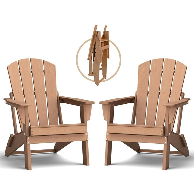 EcoVida Outdoors Folding Adirondack Chair Set of 2, Lightweight-Portable HDPE Patio Chair, All-Weather Space-Saving Foldable Fire Pit Seating for Camping, Backyard, Deck-Cedar