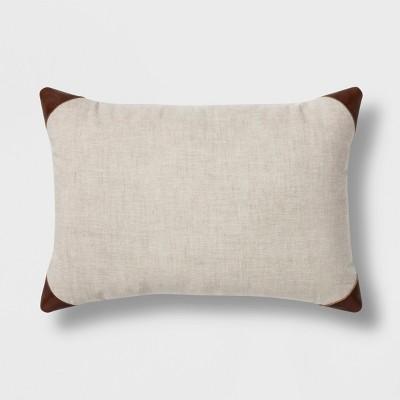 Leather Trim Linen Lumbar Pillow Tan - Threshold™