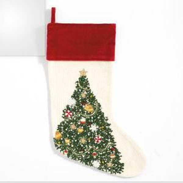 Ivory Christmas Tree Crewel Stocking