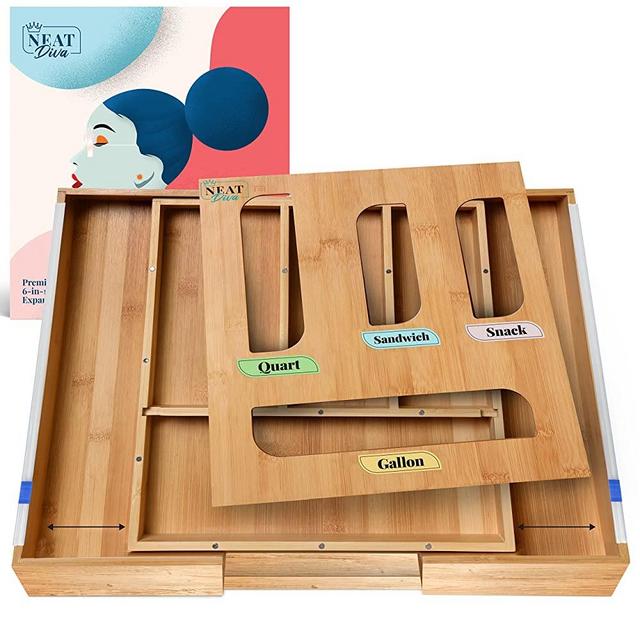 Neat Diva Ziplock Bag Organizer, Foil Plastic Wrap Organizer, Zip Lock Bag Organizer, Ziplock Bag Organizer for Drawer, Expandable Drawer Organizer, Ziploc Organizer, Food Storage Bag Organizer