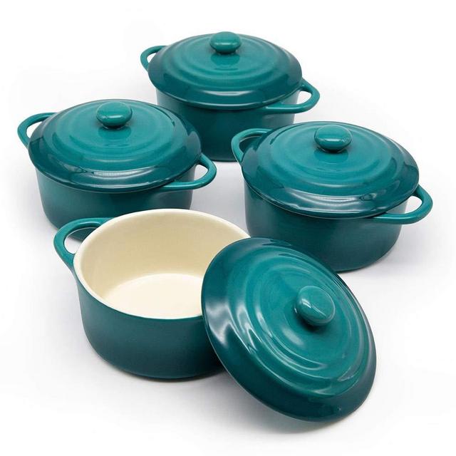 12oz Mini Cocotte, by Kook, Casserole Dish, Ceramic Make, Easy to Lift Lid, Lagoon Blue, Set of 4,