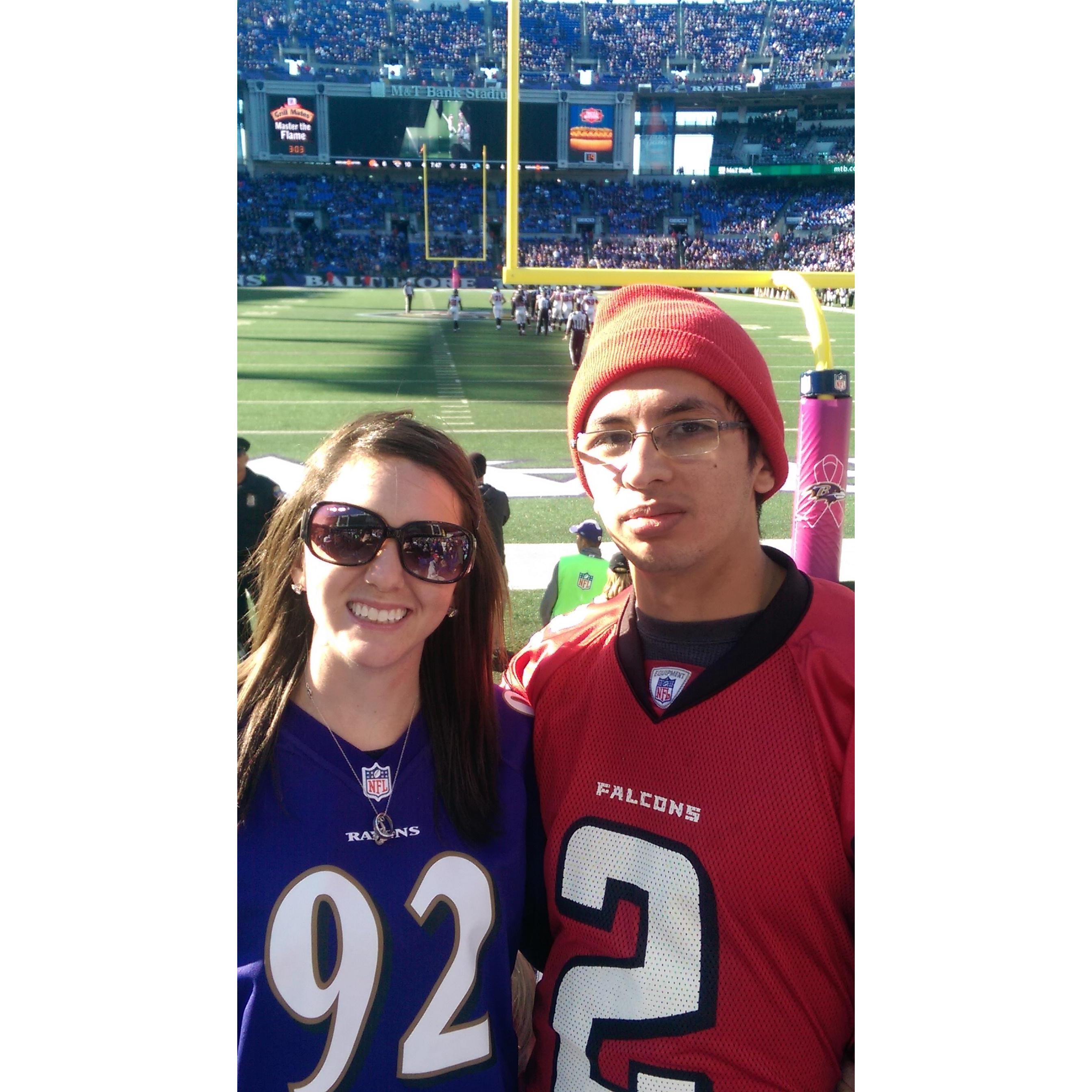 3rd Annual Stadium photo Atlanta Falcons vs. Baltimore Ravens 2014 Carlos got on TV, Falcon player threw him rest bands and he almost touched Jacoby Jones #12 on the Ravens