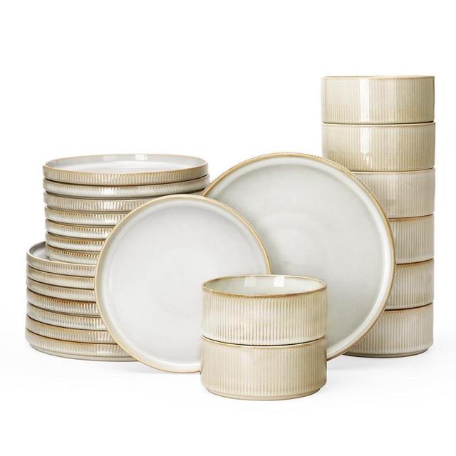 Famiware Star Dinnerware Sets, Plates and Bowls Set for 8, 24 Piece Dish Set, Cappuccino White
