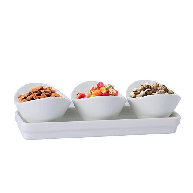 bruntmor 4-Piece Set - Tray with Three compartment serving Curvy Bowls, Porcelain Serving Set for Snacks, Nuts, Condiments, Candy Chip and Dip Serving Set, Matte White