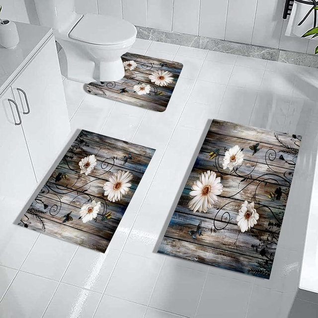 Rustic Farmhouse Bathroom Mats Sets 3 Piece, Grey Daisy Floral Butterfly Bath Mat American Country Farm Thin Rubber Diatomaceous Earth Quick Dry Rugs for Bathroom Decor