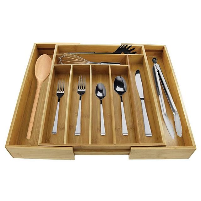 Cuisinart Bamboo Utensil Drawer Organizer – This Expandable Silverware Organizer Has 9 Compartments – Keep Flatware and Utensils Organized – Adjustable Width Up to 21.6 Inches
