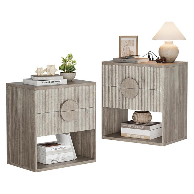 Fluted Nightstand with Charging Station – 2 Drawer Side Table for Bedroom or Living Room, 2ps