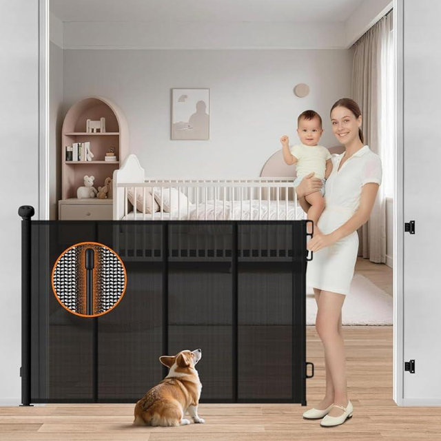 BBsecure Retractable Baby Gate, 55" Wide Mesh Baby Gate with 4 Reinforced Rods, 34" Tall Anti-Sagging Dog Gate, Prevents Kids & Dogs from Crawling Under, for Stairways, Hallways & Patios, Black
