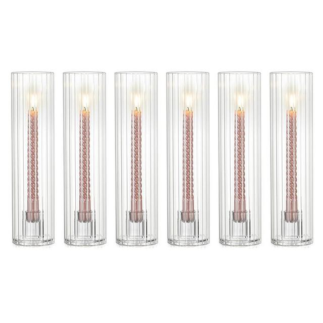 NUPTIO Taper Candle Holders for Centerpiece: Ribbed Hurricane Glass Candlestick Holder - Set of 6 Windproof Candle Stick Stand for Wedding Bridal Shower Party Decor