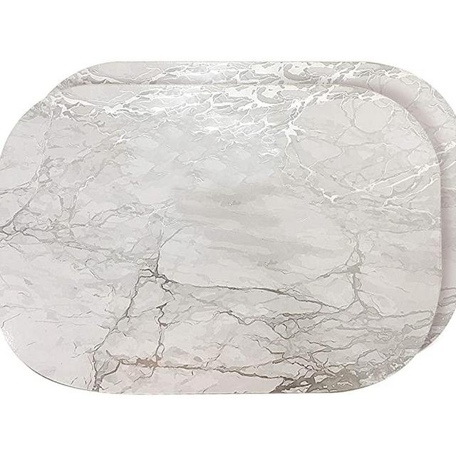 Dainty Home Foiled Granite Thick Cork Heat Resistant Dining Table Placemats Set of 2, 12" x 18" Oval, Marbled Silver, 2 Count