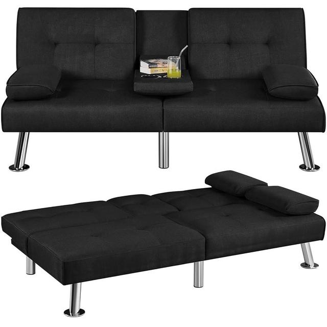 Yaheetech Convertible Sofa Bed Adjustable Fabric Couch Sleeper Modern Recliner Reversible Loveseat Folding Daybed Guest Bed, Removable Armrests, Cup Holders, 3 Angles, 772lb Capacity, Black