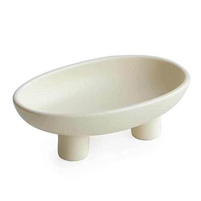 Three-Legs Ceramic Fruit Bowl for Kitchen Counter, Decorative Bowl for Table Décor, 10-inch Oval Large Bowls for Breads, Matte Crème