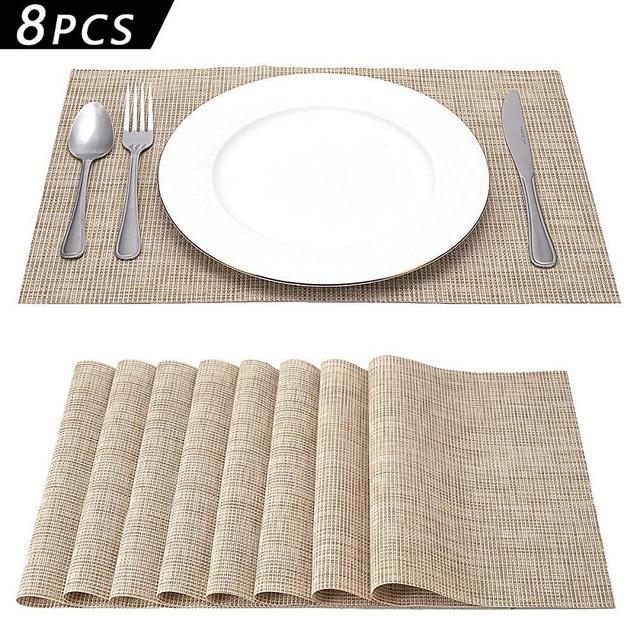 SD SENDAY Placemats, Set of 8 Heat-Resistant Stain Resistant Non-Slip Placemats for Kitchen Table, Washable Durable PVC Table Mats Woven Vinyl Placemats (8PCS, Beige)