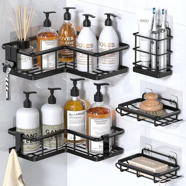 YASONIC 5-Pack Corner Shower Caddy, Corner Shower Shelves with 12 Hooks, Rustproof Shower Shelf for Inside Shower, No Drilling Shower Corner Shelf, Bathroom Shower Organizer Corner, Black