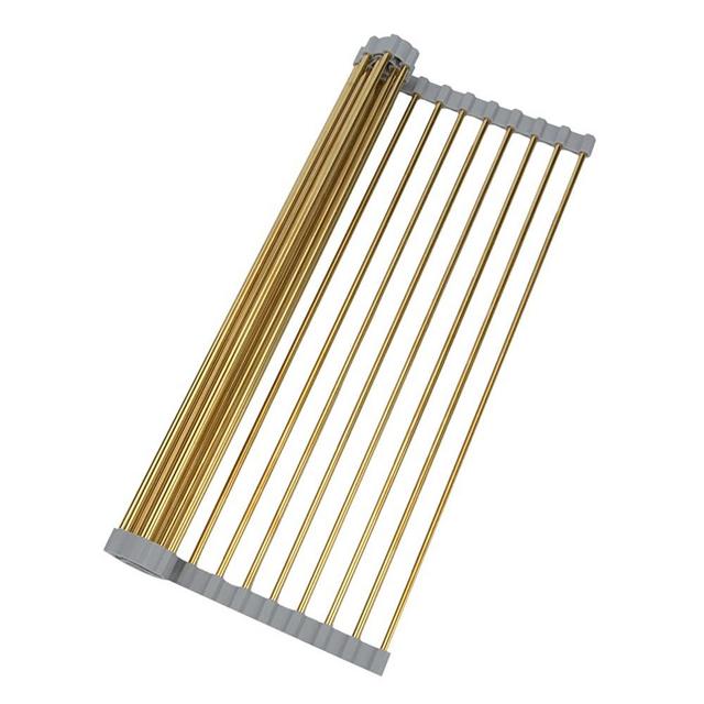 Snailhouse Dish Drying Rack, Stainless Steel Roll Up Dish Drainer Over The Sink with Anti-Slip Silicone for Kitchen Counter, Gold (17.8 x 11.8 in)