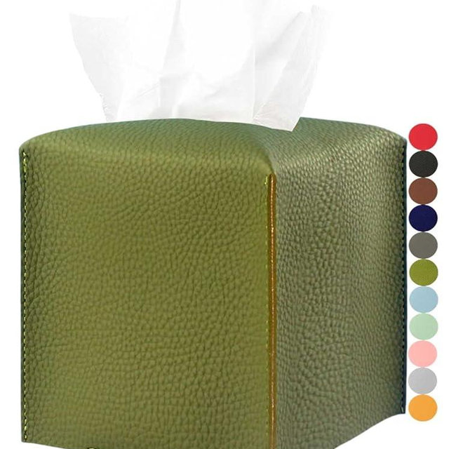 Green Tissue Box Cover Square – with Bottom Belt [JESMINI, ] PU Leather Green Tissue Box Holder Decorative for Bathroom Vanity Countertop/Night Stands/Office Desk, 5x5x5