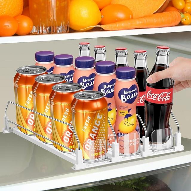 asika Drink Organizer for Fridge, Adjustable Width Soda Can Dispenser for Refrigerator Organizers and Storage, 3 Rows Beer Bottle Beverage Holder with Pusher Glide (14.96" D, White)