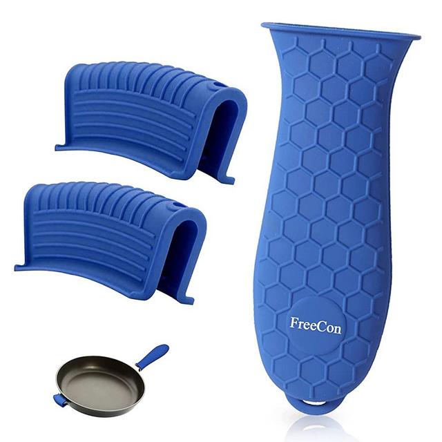 Silicone Hot Handle Holder for Cast Iron, 3 Pack Pot Handle Sleeve Non Slip Rubber Cover Set for Skillet Frying Pan Griddles Removable Accessories for Kitchen Cookware Heat Resistant (Blue)