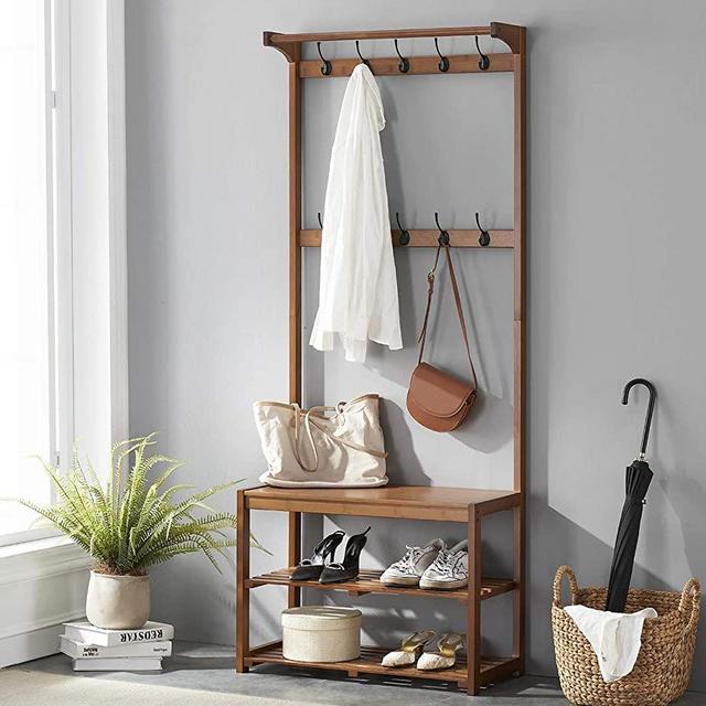 SEIRIONE Bamboo Coat Rack, Shoe Bench, Hall Tree with Storage Shelf for Entryway, 3-In-1 Design, 10 Hooks, Easy Assembly