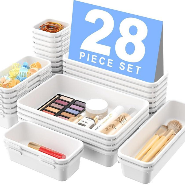 【𝟮𝟴𝗣𝗖𝗦】 【𝟱𝗦𝗶𝘇𝗲】 White Drawer Organizer, Makeup organizer, 【Holds 177 Items】 Bathroom Organizers and Storage, Plastic Desk Organizer Divider, Organizer Bins for Office Vanity A-LUGEI