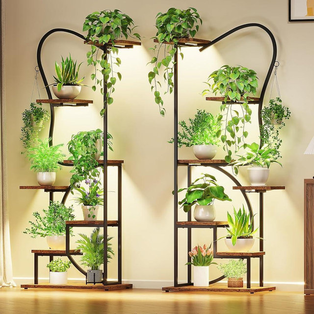 Plant Stand with Grow Lights, 67" Butterfly Shape Lagre Metal Shelf, 7-Tier Tall Lighted Plant Shelves Indoor, Corner Display Rack for Living Room, Patio, or Balcony, 2 Pack