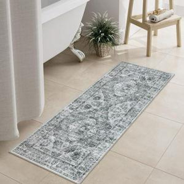 Uphome Gray Bathroom Rugs, Distressed Farmhouse Boho Bath Mat, Non Slip Washable Soft Velvet Bath Mats for Bathroom Floor, Vintage Traditonal Bath Runner for Bathtub Sink Shower, 18x47 inch