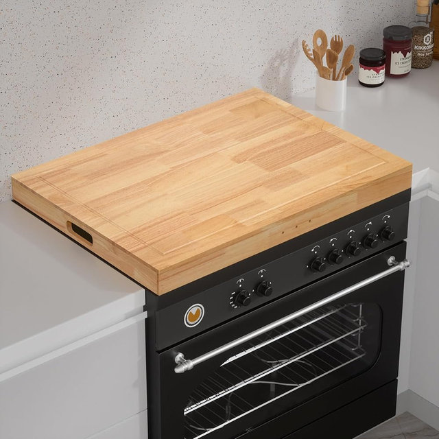 Buruis Rubberwood Stove Cover Noodle Board for Gas & Electric Stoves, Fits Up to 28.8”x20.8”, Wooden Cooktop Cover with Handles and Juice Groove, Natural Rubberwood
