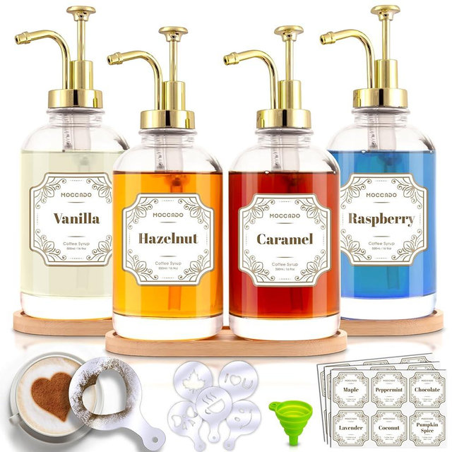 Moccado Glass Coffee Syrup Dispenser for Coffee Bar - Set of 4 Gold 500 ml / 16.9 oz Glass Syrup Bottles, Includes 2 Bamboo Trays, 16 Stencils, Labels, Coffee Bar Accessories