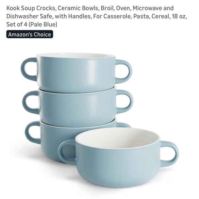 Kook Soup Crocks, Ceramic Bowls, Broil, Oven, Microwave and Dishwasher Safe, with Handles, For Casserole, Pasta, Cereal, 18 oz, Set of 4 (Pale Blue)