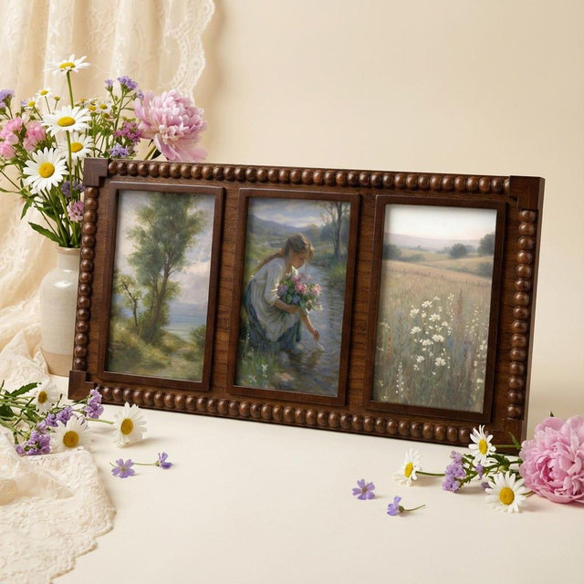 Vintage Wooden Beaded Triple Picture Frame 3-Opening - 4x6 Photo Frame Rustic Farmhouse Boho Decor Frame for Gallery Wall & Home Display