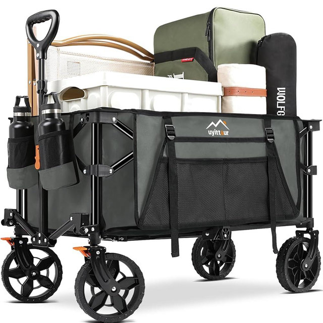 Uyittour 140L Collapsible Wagon Cart Foldable, Folding Utility Grocery Cart with Side Pocket and Brakes for Shopping, Sports, Camping and Garden, Grey