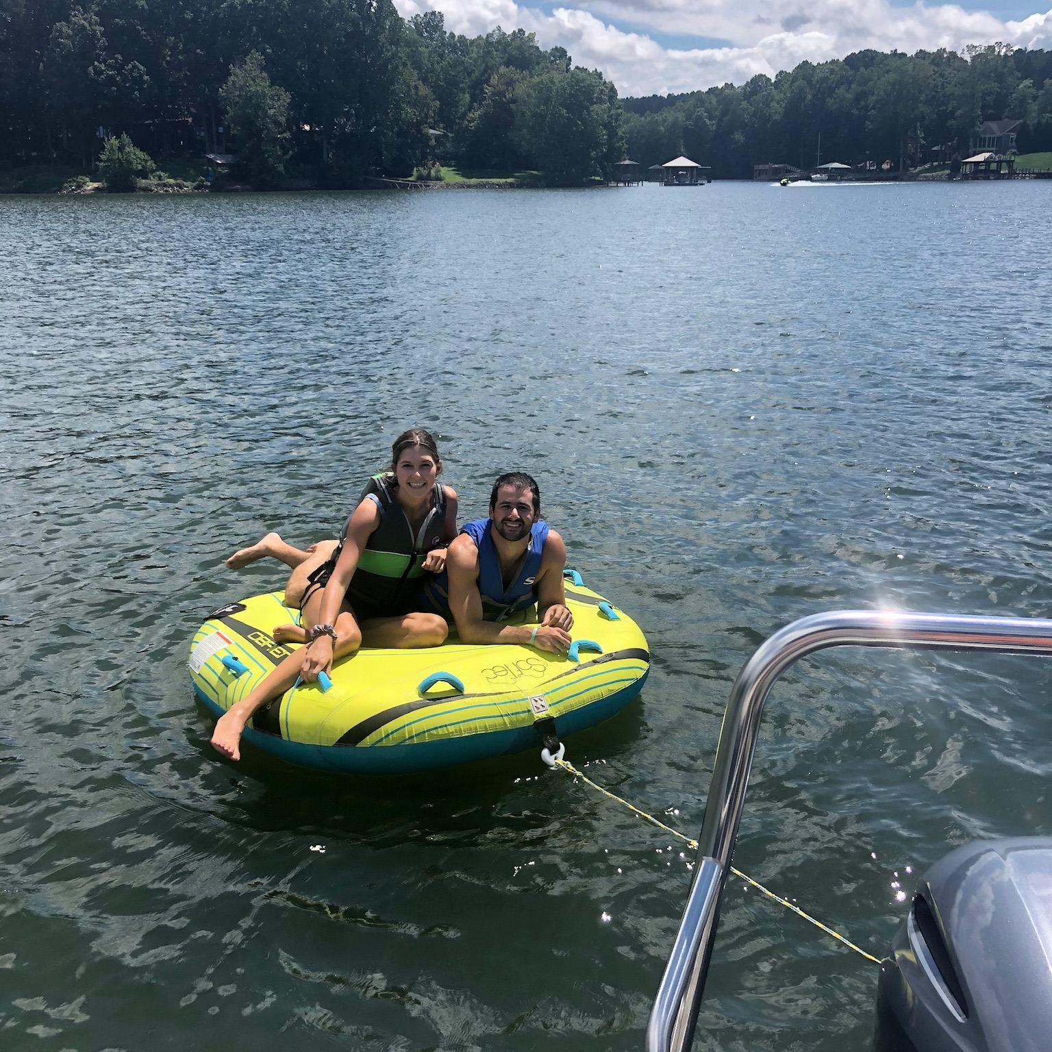 Tubing down Lake Norman on a family vacation, Fall 2020.