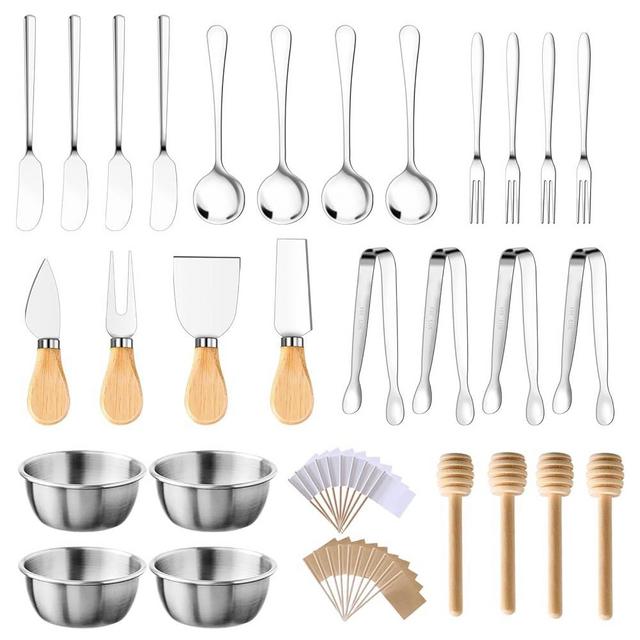 48 Pcs Charcuterie Boards Accessories Butter Spreader Knives Set Stainless Steel Cheese Mini Serving Tongs Spoons Forks Dipping Bowl Toothpick Flags Utensil for Pastry Making Wedding Christmas(Sliver)