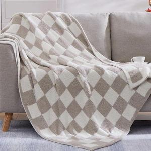 WRENSONGE Checkered Throw Blanket, Taupe Soft Cozy Fluffy Warm Hand Made Throw Blankets for Couch, Sofa, Chair, Bed, Camping, Picnic, Travel Lightweight Bed Blanket - 50"*70"