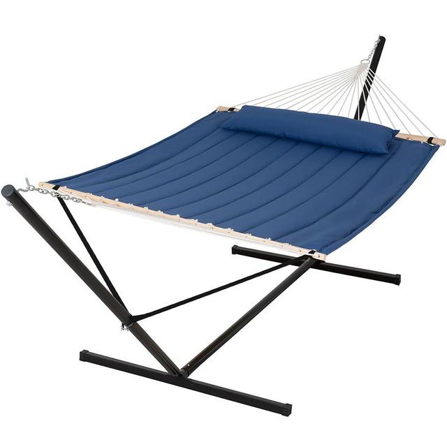 SUNCREAT 2 Person Free Standing Hammock with 15 ft Stand, 475 lbs Capacity, Backyard Hammock with Stand, Navy
