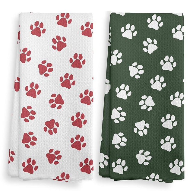 NOQL Dog Paws Kitchen Towels - Red & Green Paw Print Dishcloths Set of 2, Cute Dog Lovers Gifts for Women, 1624 Inches