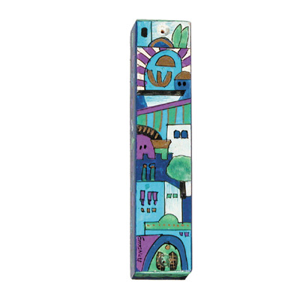 Small Wooden Mezuzah - 10 cm - Jerusalem Blue