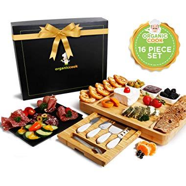 Bamboo Cheese Board Set with Cheese Knife Drawer, Ceramic Bowls, Serving Forks and Removable Slate Board - Premium Charcuterie Board Makes Perfect Birthday, Wedding, Housewarming Gift (The Elegante)