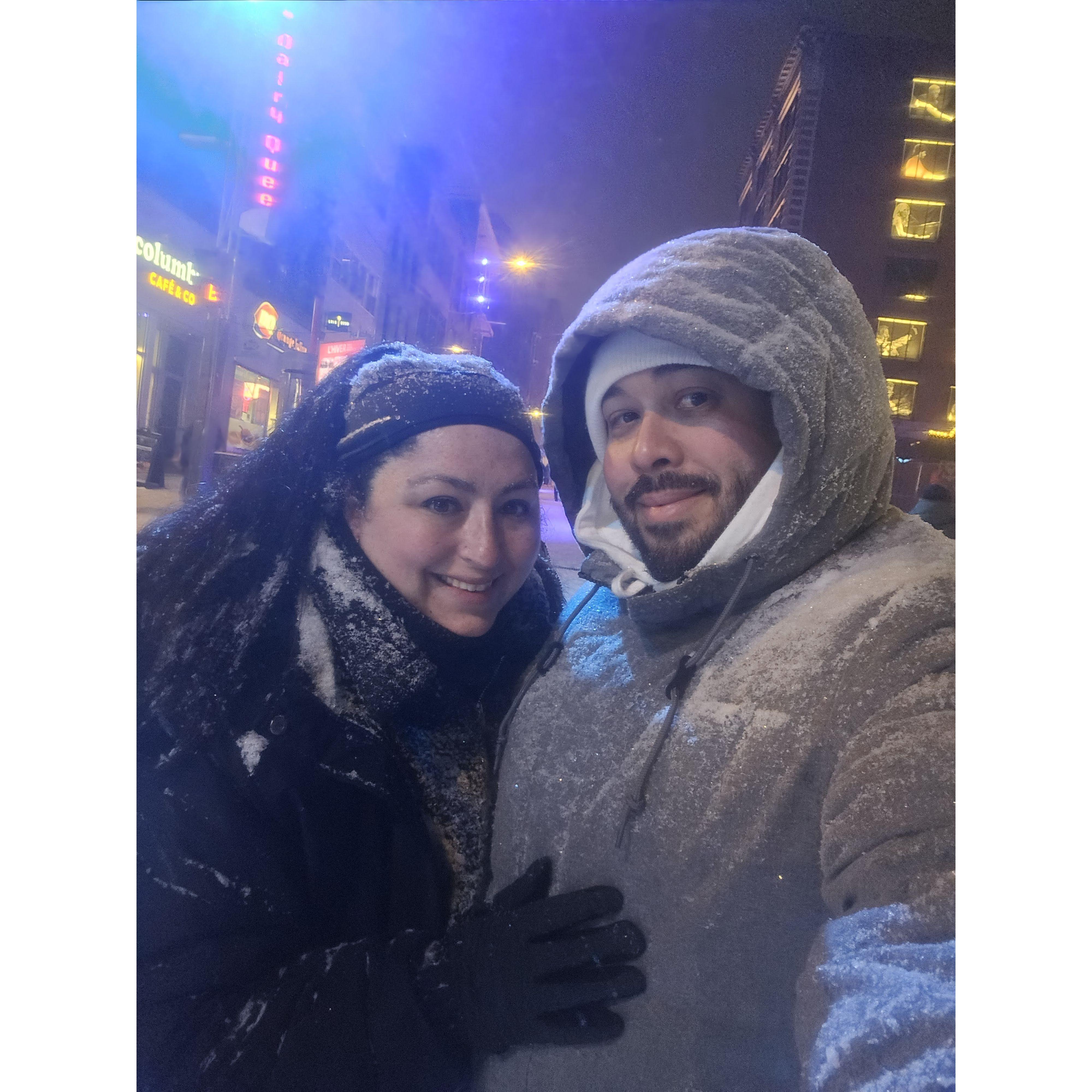 Snow falling while exploring Chinatown in downtown Montreal Canada (Canada road trip 2024 Christmas)