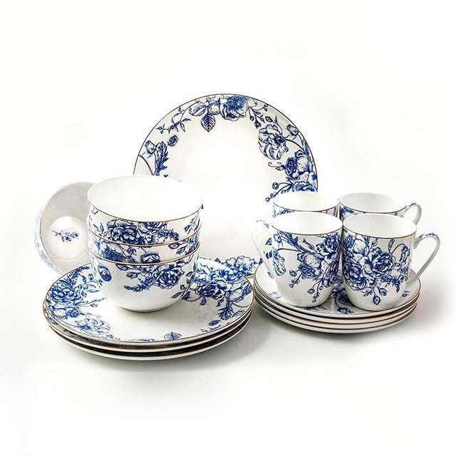 KOKEN - 16-Piece Dinnerware Set (Service for 4) fine bone china with design , Blue Flower collection, Blue & White with gold Ring, Ideal for special occasions or every day