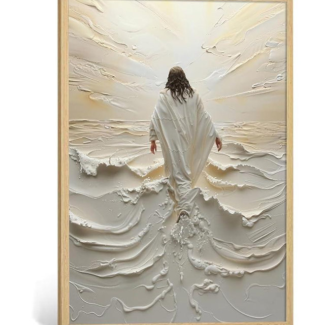 Jesus Walking on Water Wall Art Natural Wood Framed Religious Wall Decor Christian Paintings for Living Room Bible Verses Pictures for Bedroom Modern Christian Canvas Art 16x24 Inch