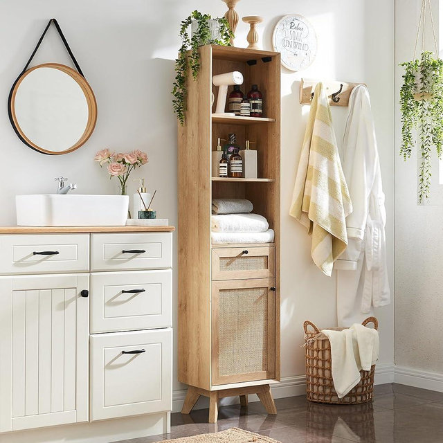 RedLemon Natural Rattan Narrow Linen Cabinet, 68" Tall Modern Boho Bathroom Towel Storage Cabinet with Adjustable Shelves and Storage Drawer for Bathroom, Dining Room, Kitchen Storage